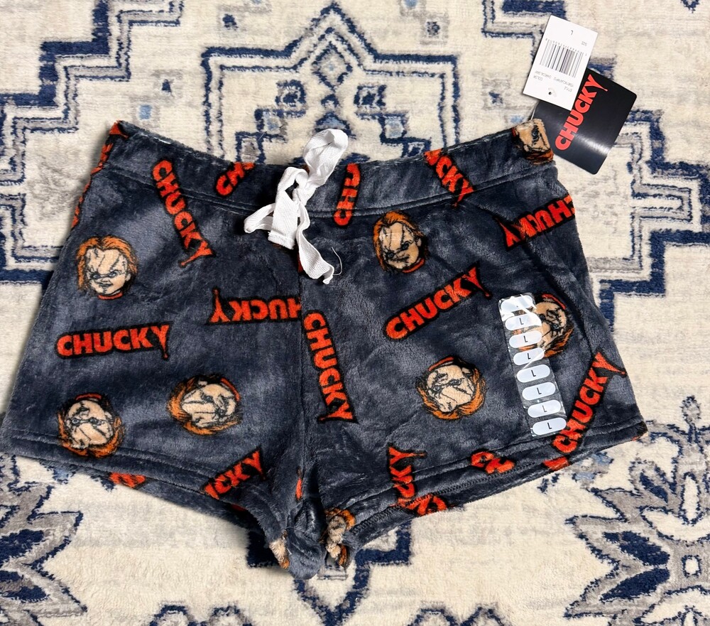 Chucky Large Fuzzy Plush Pajama Lounge Shorts Charcoal Gray Horror NWT